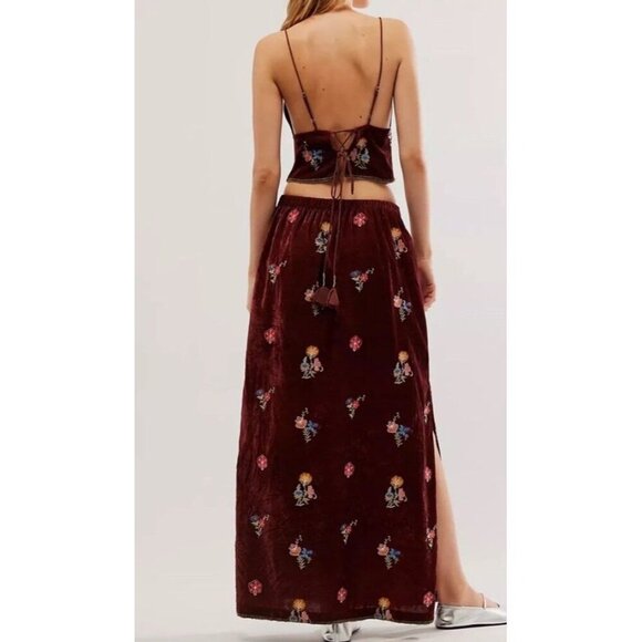 Free People Sz M Sonja Skirt Tank Set Maxi Brown Velvet Floral Boho Festival New - Picture 5 of 10